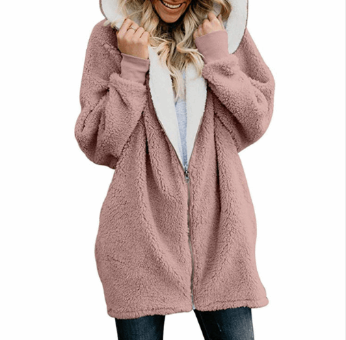 Plain Color Simple Style Hooded zipper cardigan fur coat plush sweater Pink