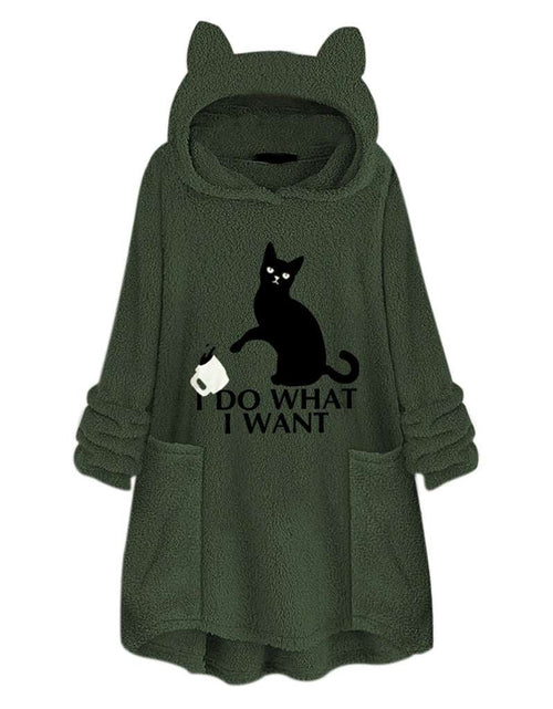 Load image into Gallery viewer, Hooded Pullover Cat Print Long Sleeved Reversible Velvet Brushed Comfortable Hooded Collar Sweater Army Green
