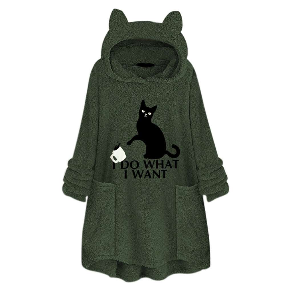 Hooded Pullover Cat Print Long Sleeved Reversible Velvet Brushed Comfortable Hooded Collar Sweater Army Green