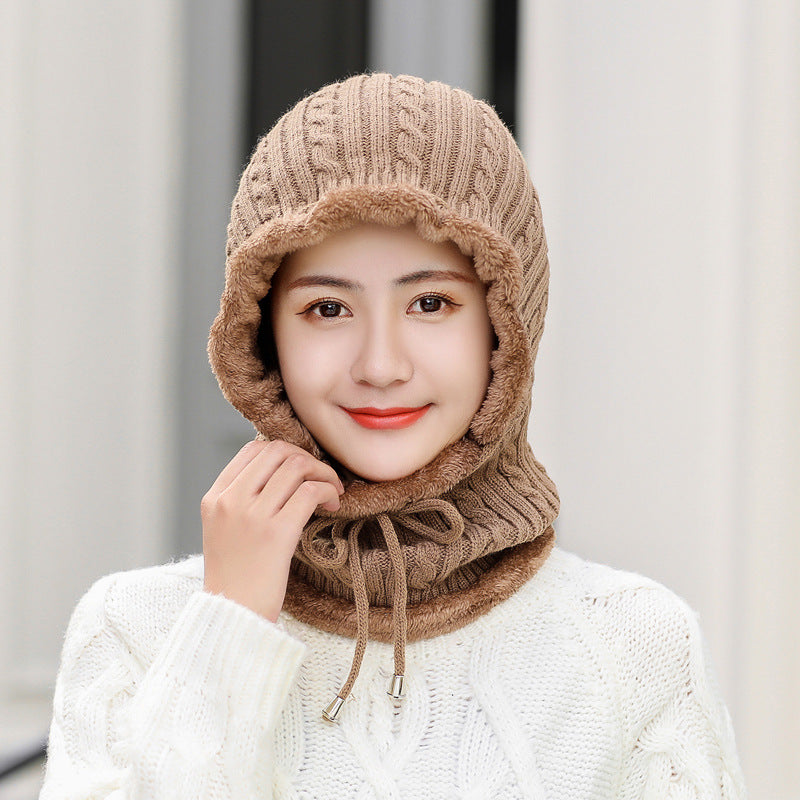 Wool knitted hat plus velvet scarf Khaki