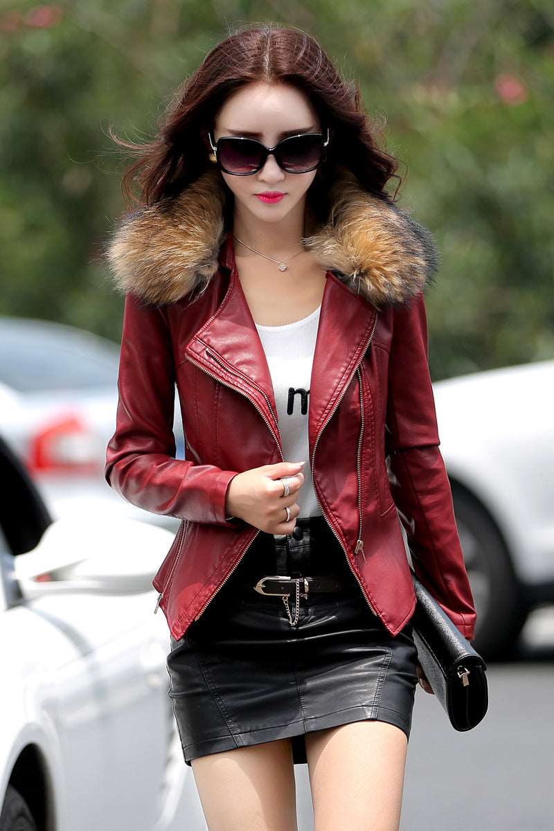 Short Style Slim-Fit Plus Cotton Belt Raccoon Fur Collar Coat Wine Red