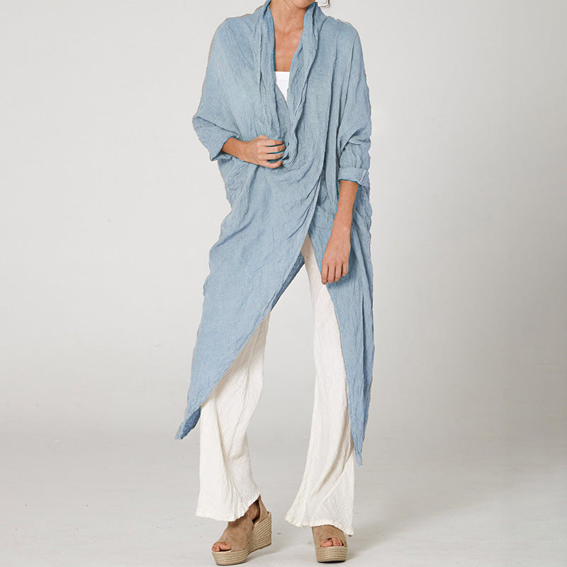 V-neck long sleeve asymmetrical blouse Blue