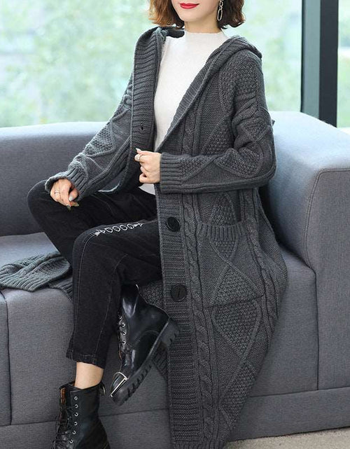 Load image into Gallery viewer, Coat Long Fashion Temperament Coarse Yarn Twist Slim-fit Knitted Cardigan Black And Gray Free Size
