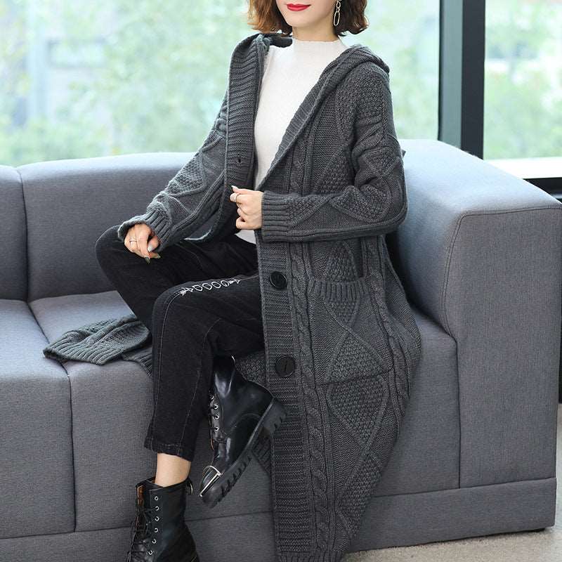 Coat Long Fashion Temperament Coarse Yarn Twist Slim-fit Knitted Cardigan Black And Gray Free Size