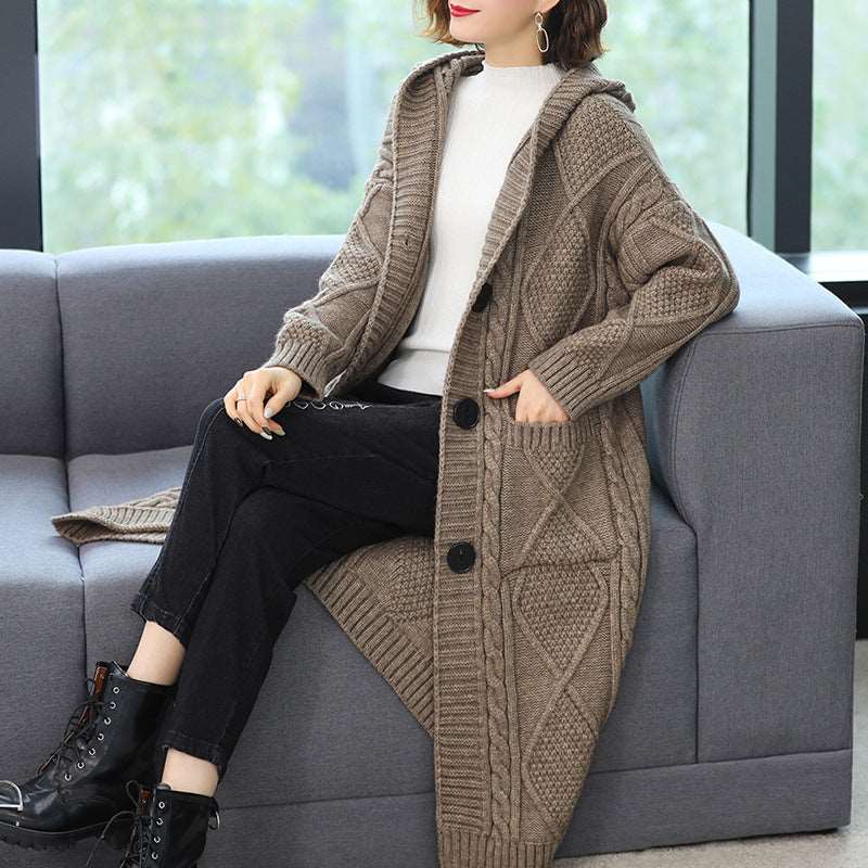 Coat Long Fashion Temperament Coarse Yarn Twist Slim-fit Knitted Cardigan Brown Free Size