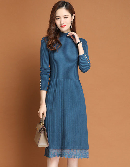 Load image into Gallery viewer, Cotton A-line Long Semi High Neck Lace Bottomed Sweater Skirt One Size Blue One size
