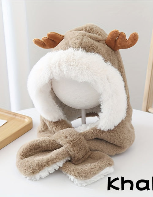 Load image into Gallery viewer, Cute Deer Hat Women Plush Rabbit Ear Funny Lolita Sweet Kawaii Winter Fluffy Fleece Warm Hat Plush Winter Thickened Cute Antlers Baby Hat With Scarf For 5-10 Y Children Khaki
