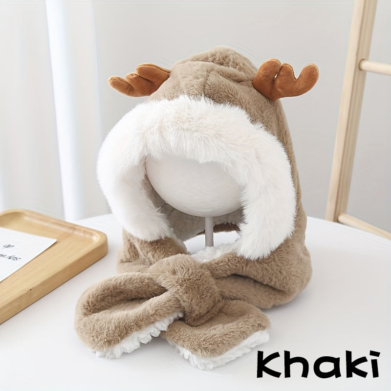 Cute Deer Hat Women Plush Rabbit Ear Funny Lolita Sweet Kawaii Winter Fluffy Fleece Warm Hat Plush Winter Thickened Cute Antlers Baby Hat With Scarf For 5-10 Y Children Khaki