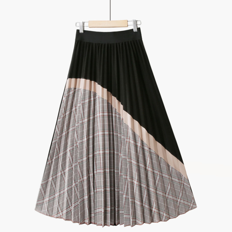 Women's Fashion Street Hipster Style Retro All-match Contrast Color High Waist Plaid Skirt Black Average Size