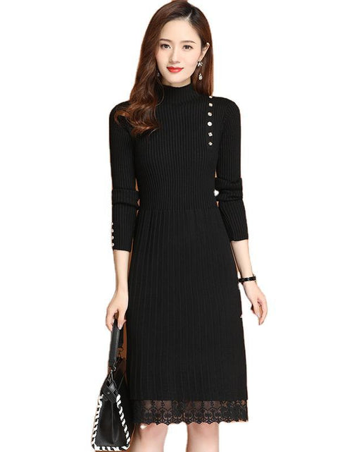 Load image into Gallery viewer, Cotton A-line Long Semi High Neck Lace Bottomed Sweater Skirt One Size
