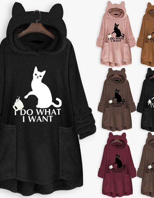 Load image into Gallery viewer, Hooded Pullover Cat Print Long Sleeved Reversible Velvet Brushed Comfortable Hooded Collar Sweater
