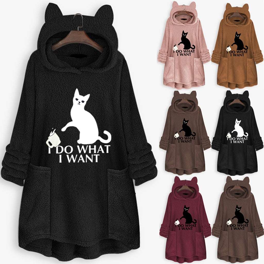 Hooded Pullover Cat Print Long Sleeved Reversible Velvet Brushed Comfortable Hooded Collar Sweater