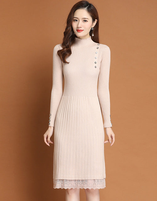 Load image into Gallery viewer, Cotton A-line Long Semi High Neck Lace Bottomed Sweater Skirt One Size Off white One size
