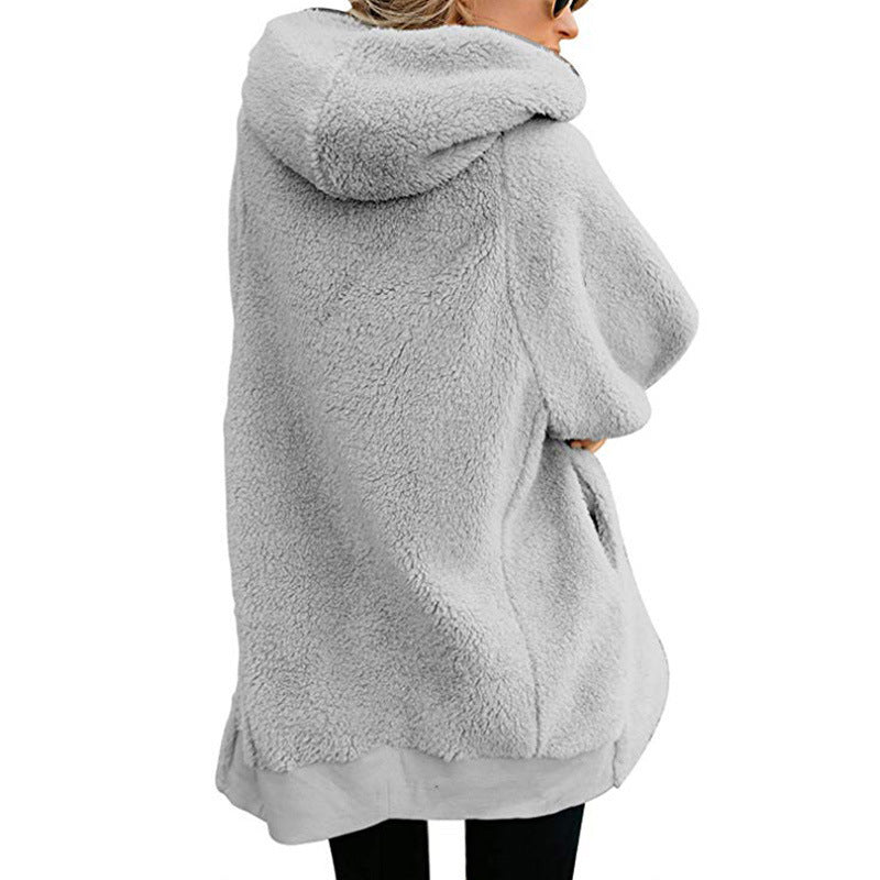 Plain Color Simple Style Hooded zipper cardigan fur coat plush sweater