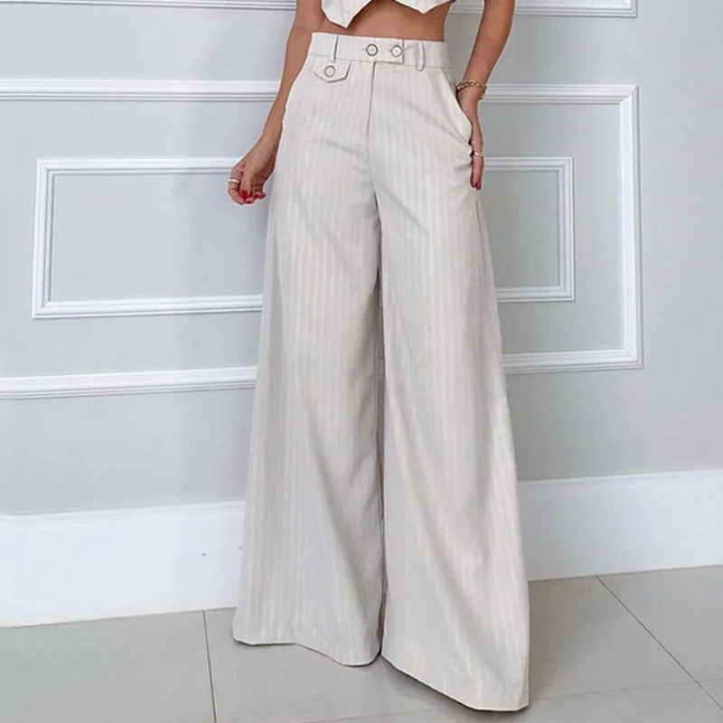 Chic Stripes: Fashion V-Neck Top and Striped High Waist Wide Leg Pants 2 pc Suit - Effortless Style for a Trendsetting Wardrobe