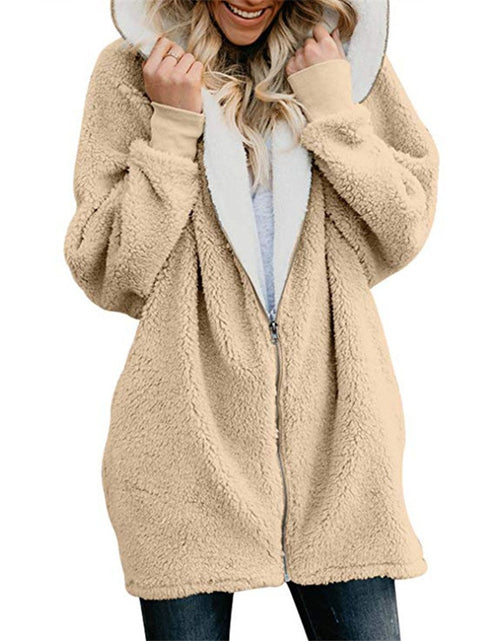 Load image into Gallery viewer, Plain Color Simple Style Hooded zipper cardigan fur coat plush sweater Khaki
