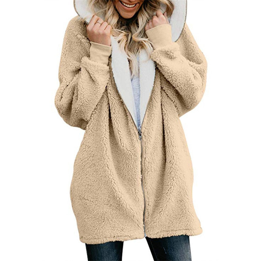 Plain Color Simple Style Hooded zipper cardigan fur coat plush sweater Khaki