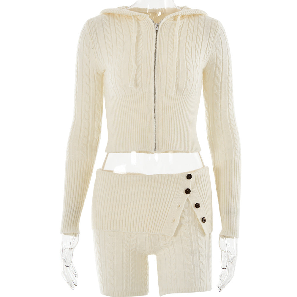 Casual Comfort: Sweater Knitted Hooded Top and Shorts Long Sleeve Two-piece Set - Attractive, Relax in Style for Effortless Chic Creamy White