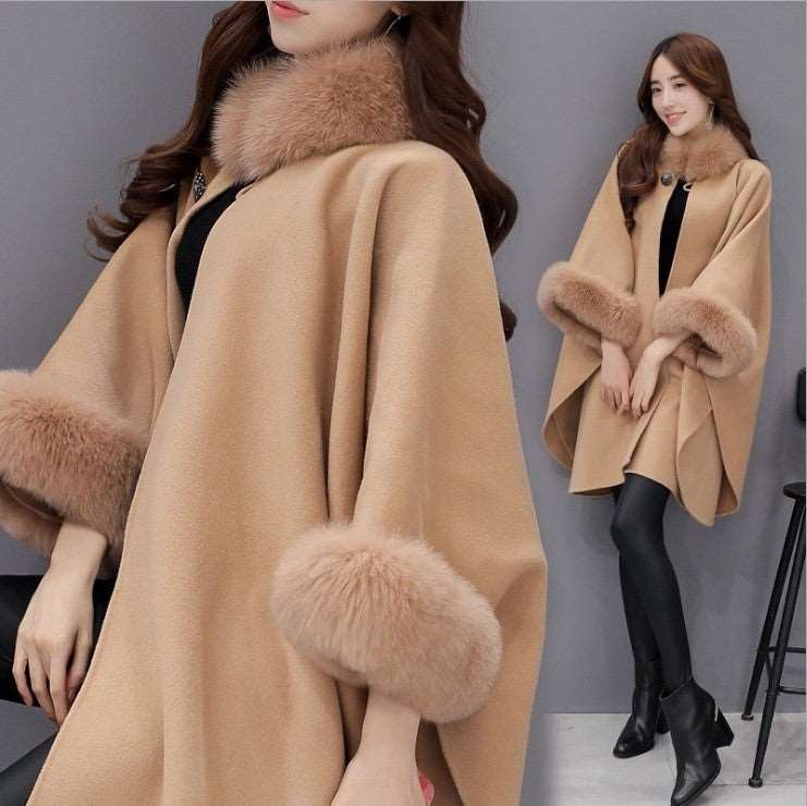 Temperament Commute Style Batwing Sleeve Fox Fur Collar Mid-length Woolen Coat