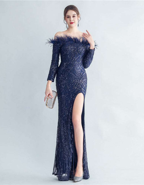 Load image into Gallery viewer, High-density Ostrich Feather Sequins Off-shoulder Long Sleeve Fishtail High-end Evening Dress purplish blue
