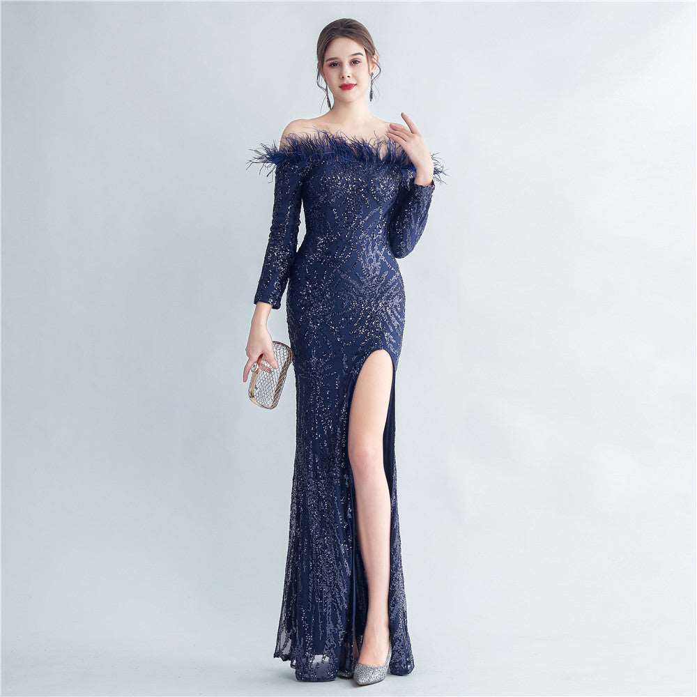 High-density Ostrich Feather Sequins Off-shoulder Long Sleeve Fishtail High-end Evening Dress purplish blue