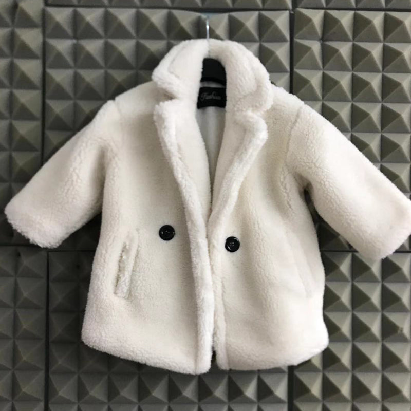 Long sleeve Cashmere medium length plain color Fur children's wear Lapel cashmere coat White