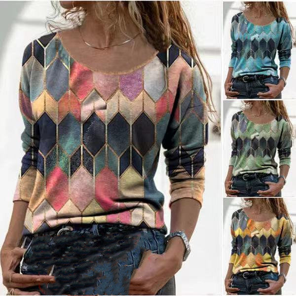 Timeless Elegance: Long Sleeve Retro Geometric Print Casual Top T-shirt