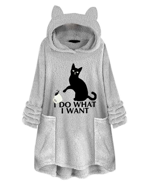 Load image into Gallery viewer, Hooded Pullover Cat Print Long Sleeved Reversible Velvet Brushed Comfortable Hooded Collar Sweater Grey
