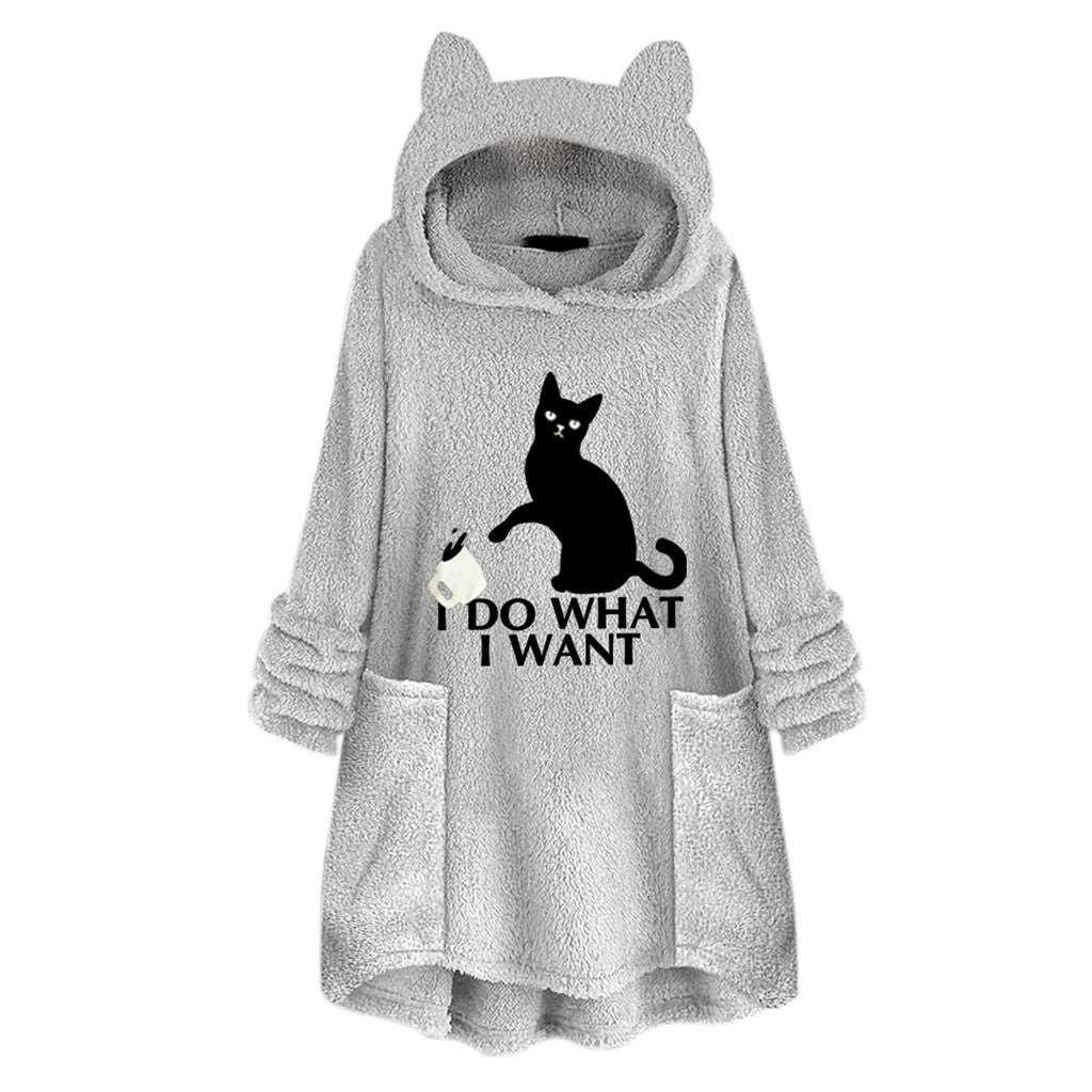 Hooded Pullover Cat Print Long Sleeved Reversible Velvet Brushed Comfortable Hooded Collar Sweater Grey