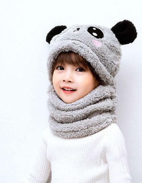 Load image into Gallery viewer, Winter boys and girls bib hat one-piece baby hat ear protection panda head hat Grey 3 to 10 years old
