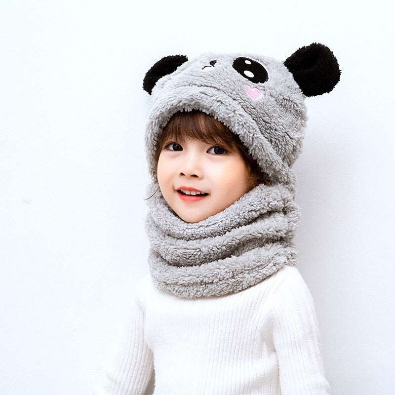 Winter boys and girls bib hat one-piece baby hat ear protection panda head hat Grey 3 to 10 years old