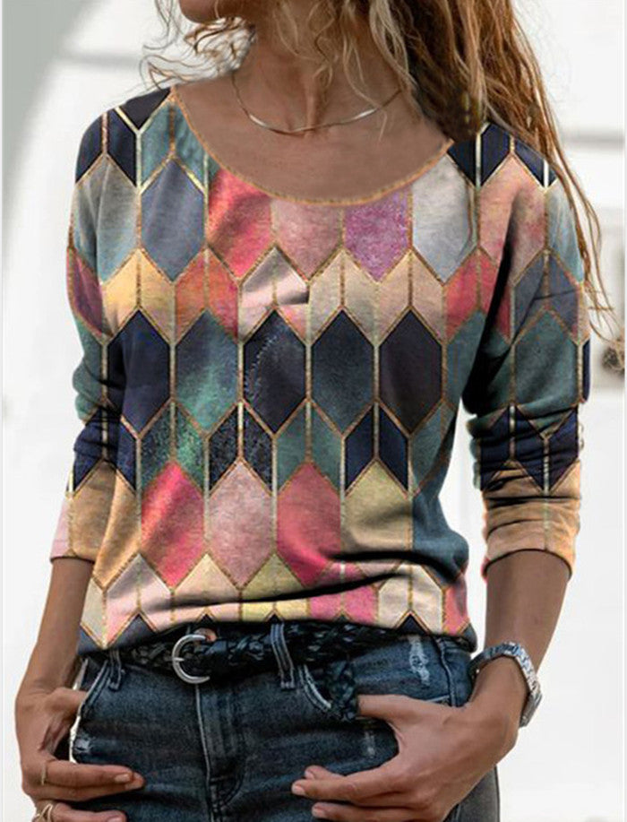 Timeless Elegance: Long Sleeve Retro Geometric Print Casual Top T-shirt Red