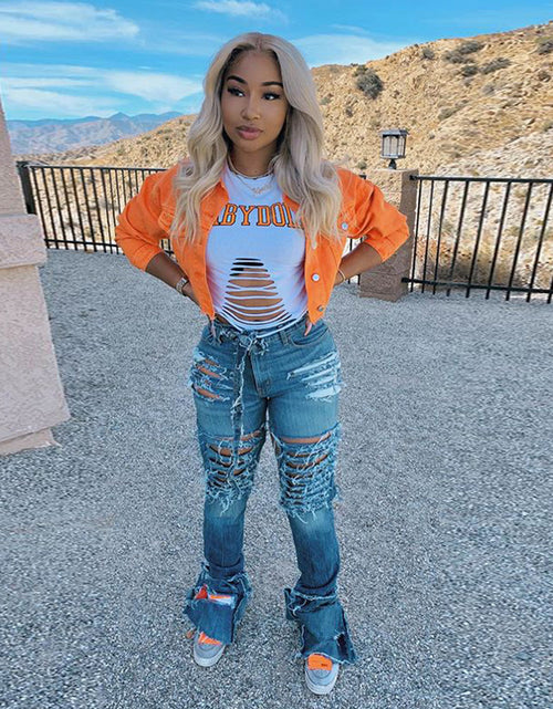 Load image into Gallery viewer, Urban Style Chic: Women&#39;s Bodycon Denim Cropped Jacket – Streetwear Outwear for Casual Elegance Orange
