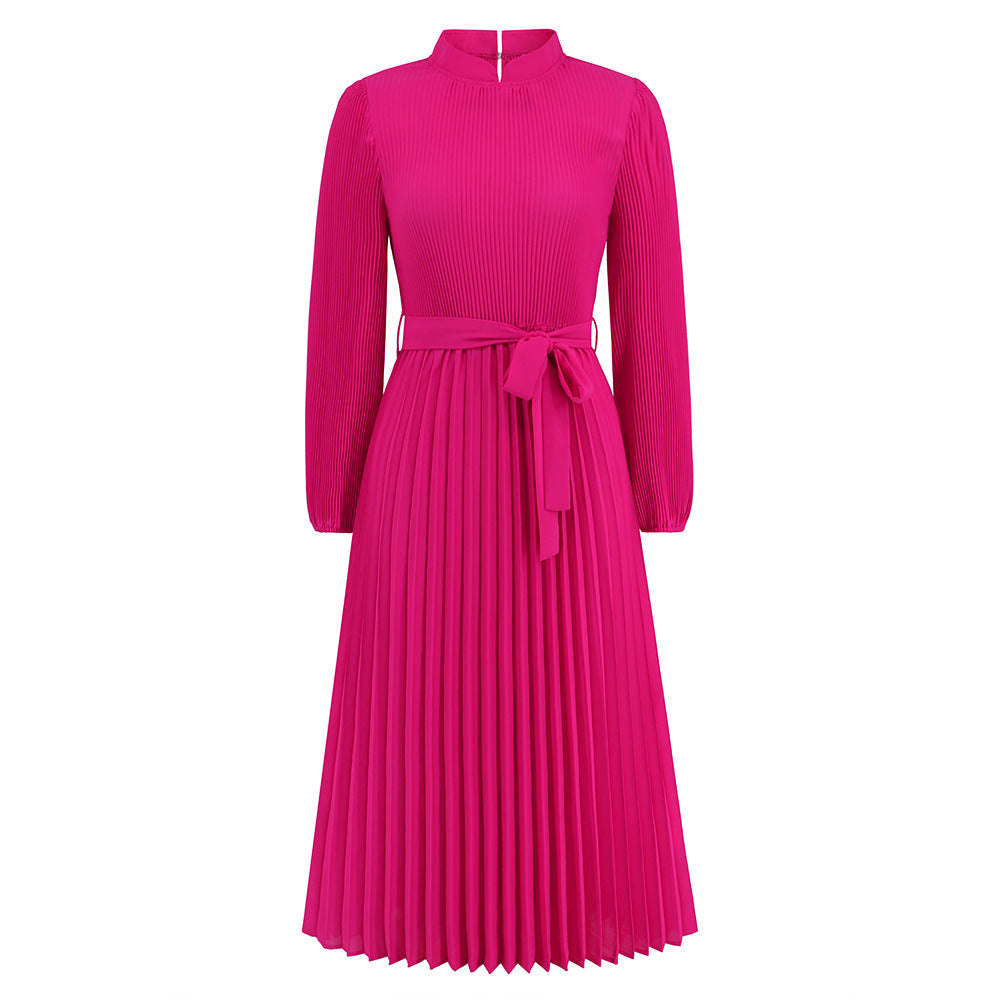 Ice Silk Anti-wrinkle Temperament Commute Style Elastic Waist Plain Solid Color Women's Fashion Graceful Stand Collar Puff Sleeve Dress