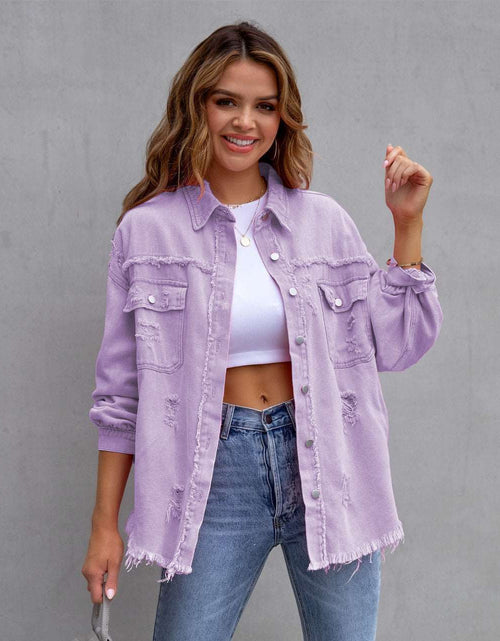 Load image into Gallery viewer, Effortless Style: Ripped Shirt Jacket - Women&#39;s Autumn/Spring Casual Tops with Fashionable Comfort in Chic Plain Colors Light Purple
