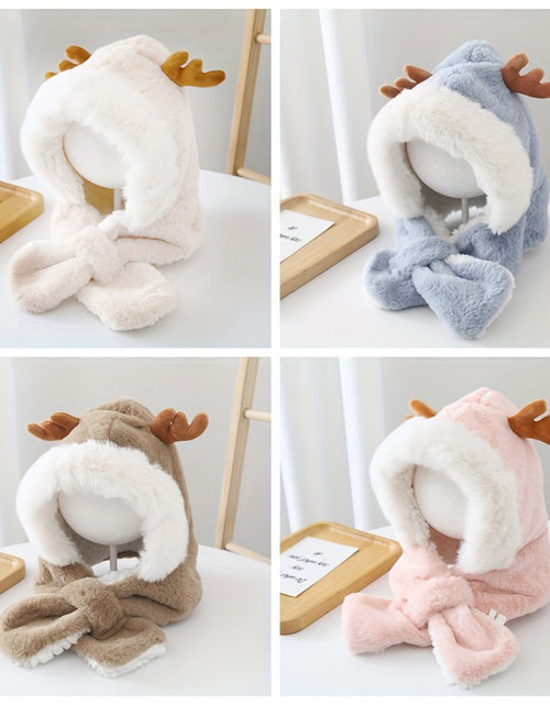 Load image into Gallery viewer, Cute Deer Hat Women Plush Rabbit Ear Funny Lolita Sweet Kawaii Winter Fluffy Fleece Warm Hat Plush Winter Thickened Cute Antlers Baby Hat With Scarf For 5-10 Y Children
