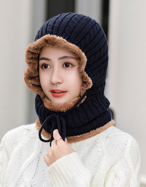 Load image into Gallery viewer, Wool knitted hat plus velvet scarf Navy blue
