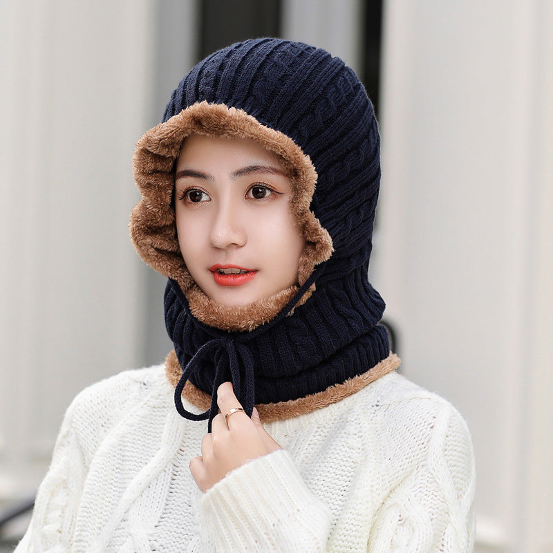 Wool knitted hat plus velvet scarf Navy blue