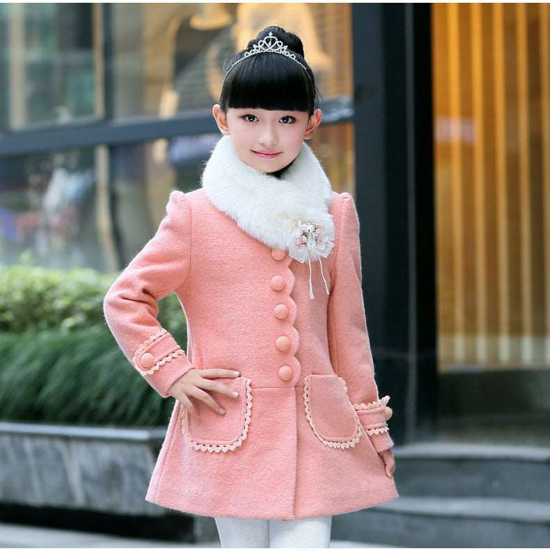 Girl long sleeve formal elegant fur collar coat