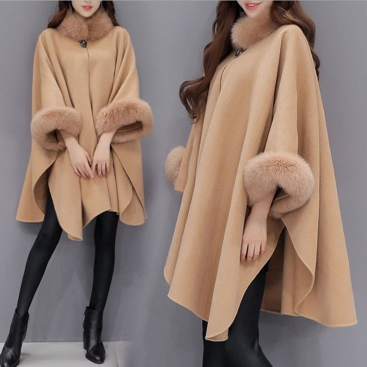 Temperament Commute Style Batwing Sleeve Fox Fur Collar Mid-length Woolen Coat