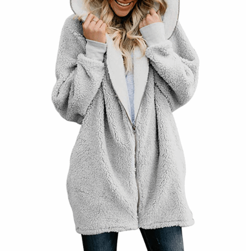 Plain Color Simple Style Hooded zipper cardigan fur coat plush sweater gray