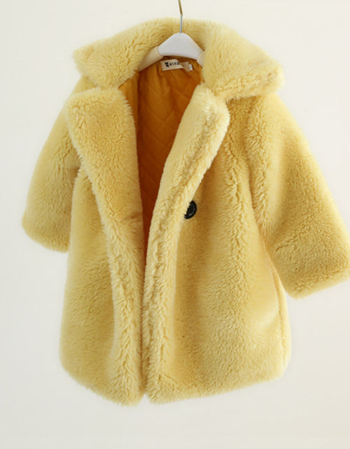 Load image into Gallery viewer, Long sleeve Cashmere medium length plain color Fur children&#39;s wear Lapel cashmere coat Yellow
