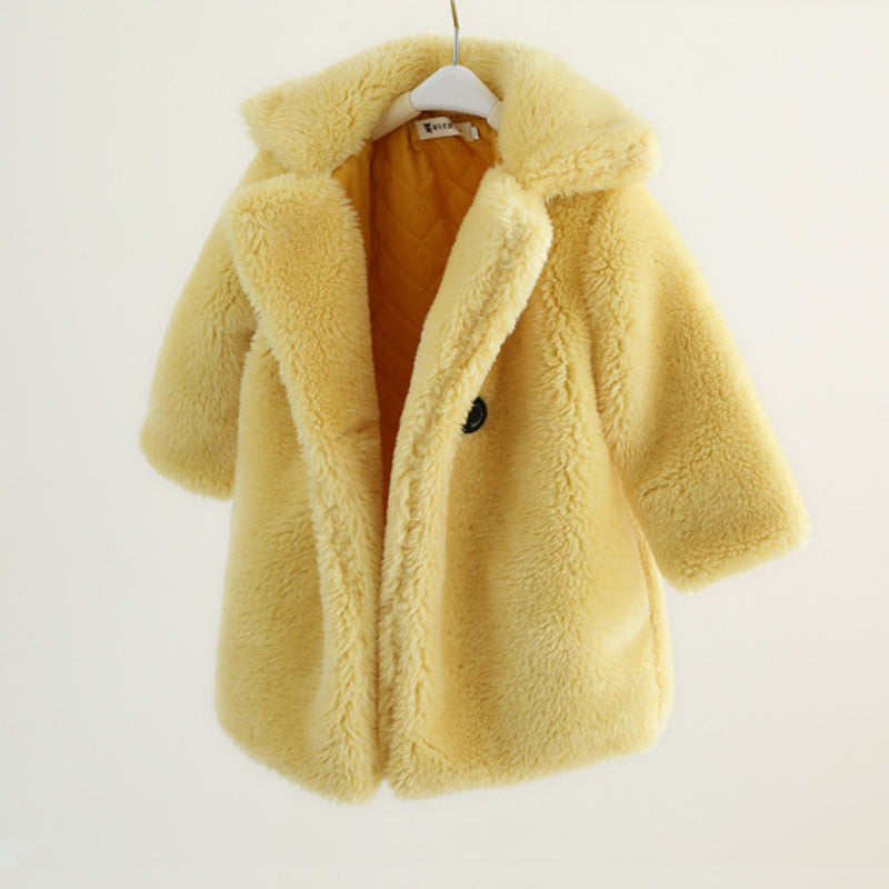 Long sleeve Cashmere medium length plain color Fur children's wear Lapel cashmere coat Yellow