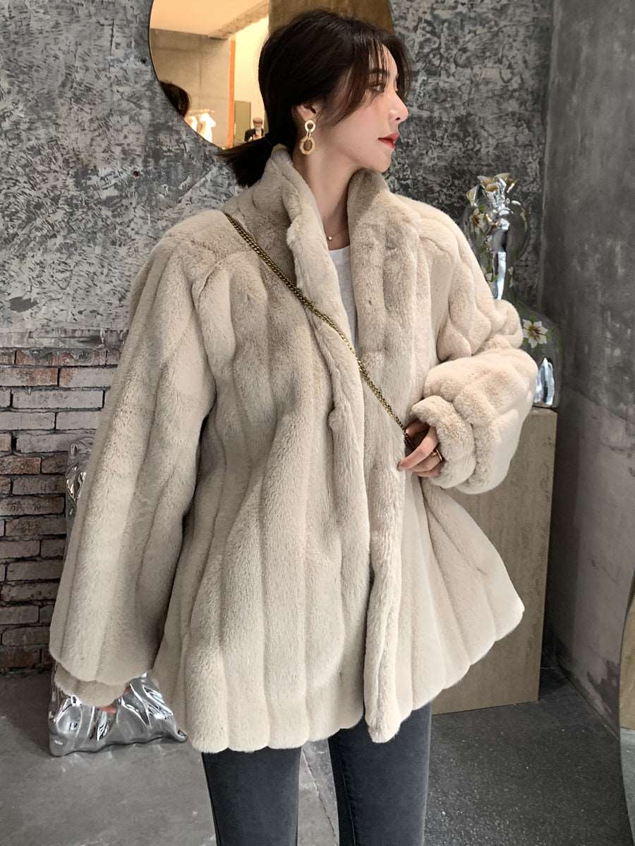 Trendy Lamb Fur Coat Korean Style Stand Collar Street Hipster Long Sleeve Fur Coat