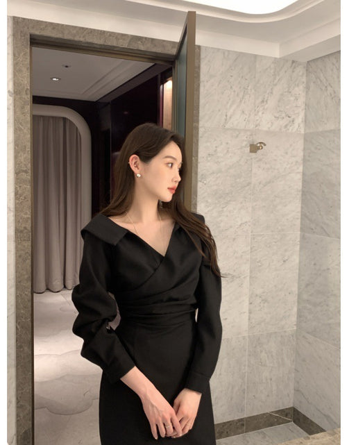 Load image into Gallery viewer, A-Line Solid Color One Size Mid Waist Long Sleeve Short Skirt Slimming Puff Sleeve Elegant Young Self-tie Dress Women Black Average Size
