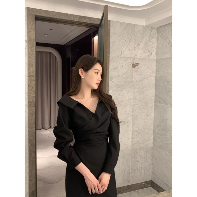 A-Line Solid Color One Size Mid Waist Long Sleeve Short Skirt Slimming Puff Sleeve Elegant Young Self-tie Dress Women Black Average Size