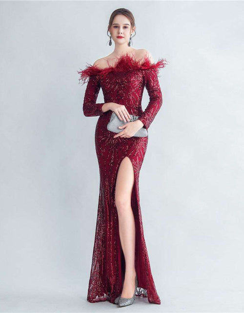 Load image into Gallery viewer, High-density Ostrich Feather Sequins Off-shoulder Long Sleeve Fishtail High-end Evening Dress Wine Red
