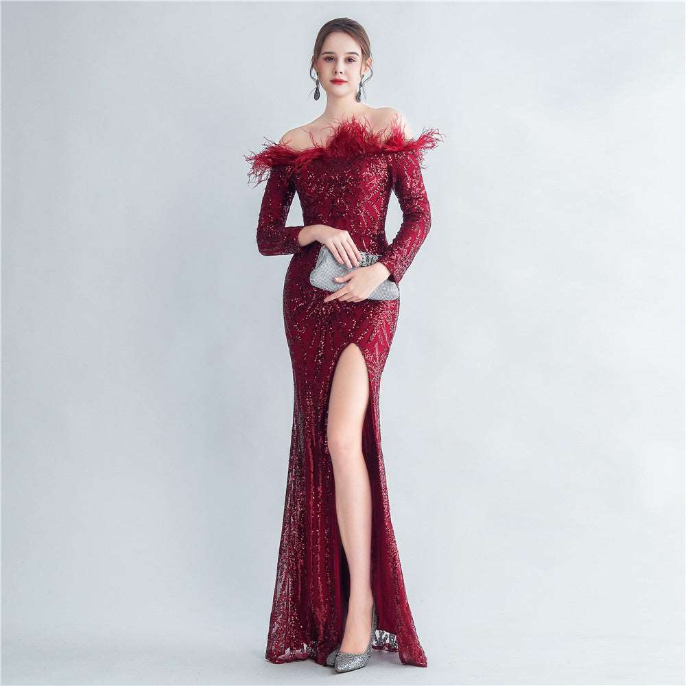 High-density Ostrich Feather Sequins Off-shoulder Long Sleeve Fishtail High-end Evening Dress Wine Red