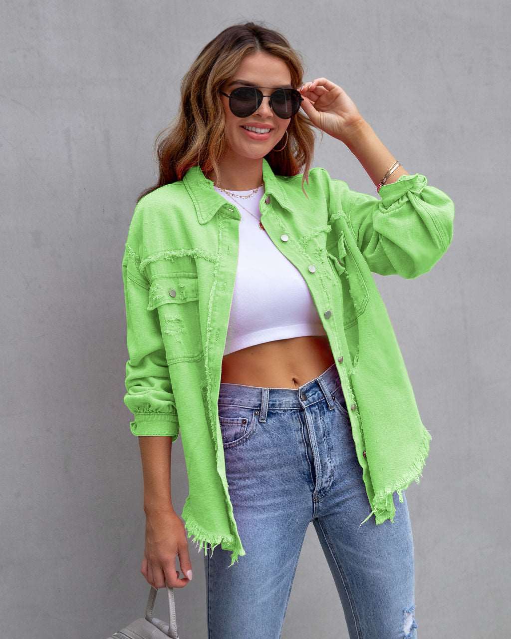 Effortless Style: Ripped Shirt Jacket - Women's Autumn/Spring Casual Tops with Fashionable Comfort in Chic Plain Colors Apple Green