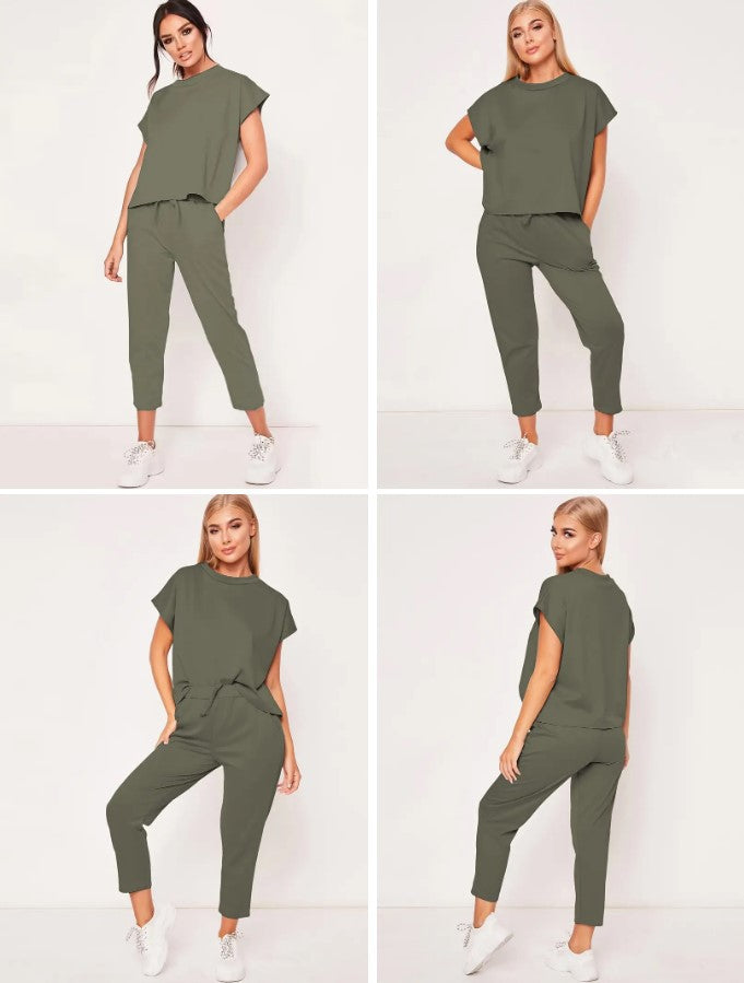 Effortless Casual Set: Short Sleeve Round Neck Top and Drawstring Cropped Pants - Simple, Basic, and Comfortable for Everyday Wear